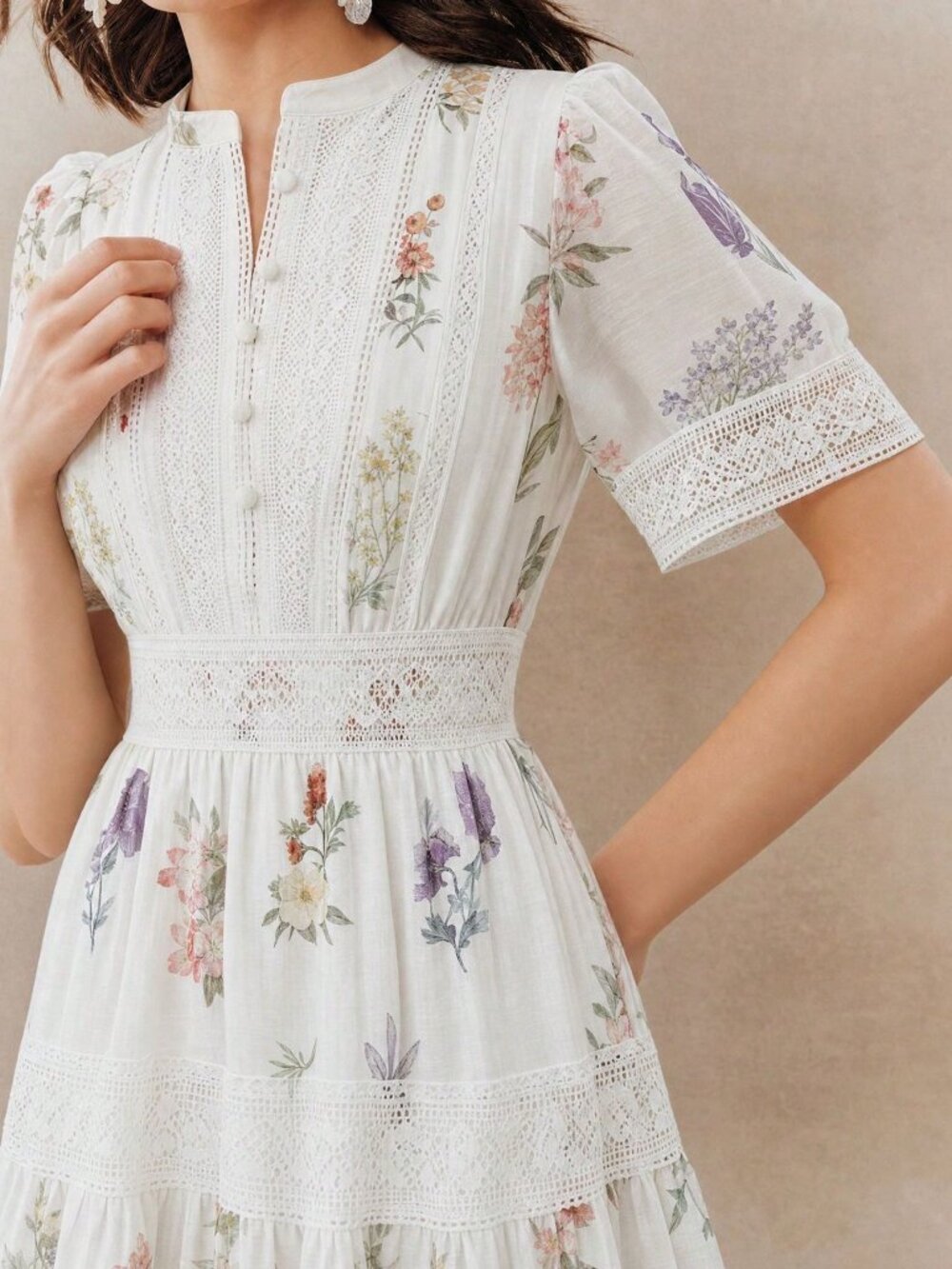White Boho Women's Floral Print Waist-Cinched Flared Dress - Picture 2 of 8